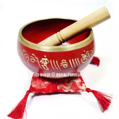 Red Hand Painted Brass Tibetan Singing Bowl Set with Mallet & Cushion 4 Inch