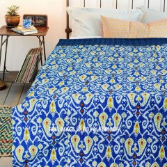 Blue Paisley Print Ikat Kantha Quilt Blanket Bedding Throw