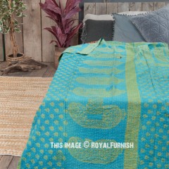 Turquoise Reversible Asian Boho Kantha Blanket Bedding Throw