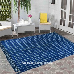 Boho Floral Hand Block Print Indigo Blue Cotton Area Rug 4X6 Ft