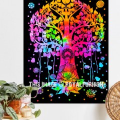 Multicolored Meditating Buddha Under Tree Cotton Fabric Wall Poster Tapestry