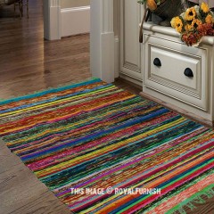 Multicolored Green Boho Braided Striped Reversible Chindi Area Rag Rug 3X5 Ft