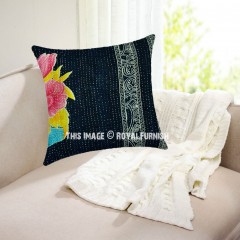 Black Floral Boho Running Kantha Throw Pillow Cover 16X16 Inch