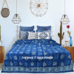 Indigo Blue Topical Palm Leaf Block Print Indian Kantha Quilt Blanket - Twin Size