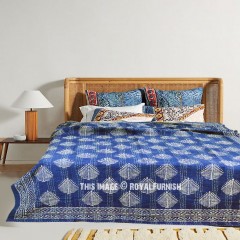 Indigo Blue Leaf Pattern Block Print Kantha Quilt Blanket Throw - Twin Size