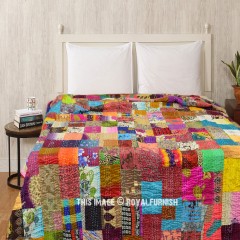 Maroon Multi Patchwork Silk Patola Kantha Quilt - Twin Size
