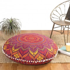 Maroon Yellow Lotus Mandala Round Floor Pillow Cover - 32 Inch