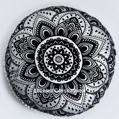 Black Silver Lotus Mandala Round Floor Pillow Cover - 32 Inch