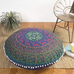 Blue Multi Mandala Round Floor Pillow Case - 32 Inch