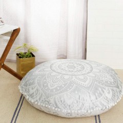 Sparkly Silver Lotus Mandala Round Floor Pillow Cover - 32 Inch