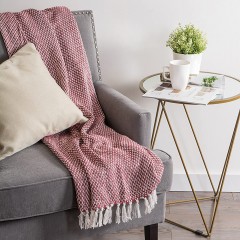 Maroon White Knitted Boho Cotton Throw Blanket with Tassel Fringes - 50 x 70 Inch for Everyday Use