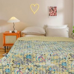 Beige Monkey Life Print Bohemian Indian Kantha Embroidered Quilt Blanket Bedding Throw - Queen Size