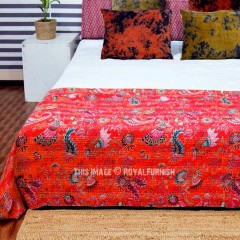 Cotton Kantha Quilt Flower Print Bohemian Grey Bedding Throw Twin & King Blanket 