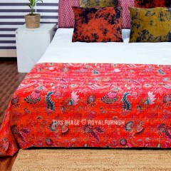 Red Multicolored Flowers Print Bohemian Indian Kantha Quilt Blanket Bedspread - Twin Size