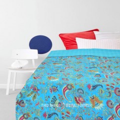 Turquoise Multi Easter Lily Boho Indian Kantha Quilt Blanket Bedspread - Twin Size