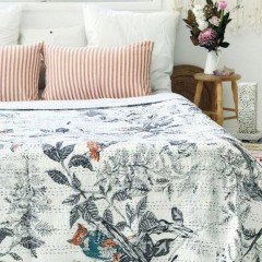 Grey Owls Sitting on Tree Bohemian Indian Kantha Quilt Blanket Bedspread - Twin Size 