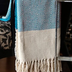 Blue Beige Diamond Pattern Boho Cotton Throw Blanket with Fringes - 50 x 70 Inch for Everyday Use