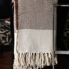 Brown Beige Diamond Pattern Boho Cotton Throw Blanket with Tassel Fringes - 50 x 70 Inch for Everyday Use