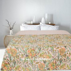 Peach Multicolored Boho Floral Indian Kantha Quilt Bedding Throw - Queen Size