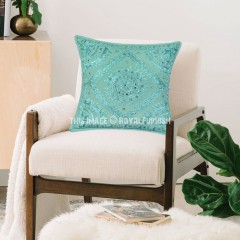 Decorative Mint Blue Mirror Embroidered Cotton Throw Pillow Cover - 16X16 Inch