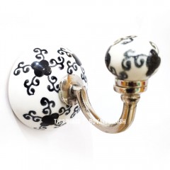 Black-White Vintage Hand Painted Spiral Floral Porcelain Ceramic Wall Hook