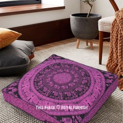 Pink Elephant Medallion Circle Boho Square Mandala Floor Pillow Cover - 36X36 Inch
