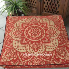 Red & Sparkle Gold Lotus Boho Large Mandala Square Floor Pillow Cover - 36X36 Inch