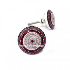 Black Maroon Circle Bohemian Vintage Style Handmade Ceramic Knob Set of 2  for Cupboard, Dresser & Kitchen Cabinets