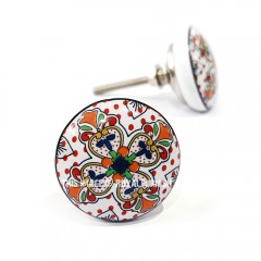White Orange Bohemian Vintage Style Flower Hand Painted Ceramic Knob Set of 2  for Cupboard, Dresser & Kitchen Cabinets