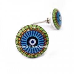 Green & Turquoise Multi Bohemian Vintage Style Handmade Ceramic Knob Set of 2  for Cupboard, Dresser & Kitchen Cabinets