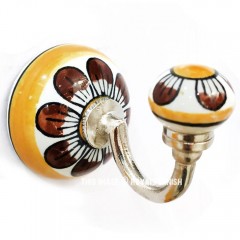 Brown Yellow Boho Vintage Hand Painted Flower Porcelain Ceramic Wall Hook