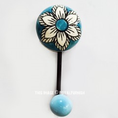 Boho Teal White Big Flower Painted Porcelain Ceramic Wall Hook