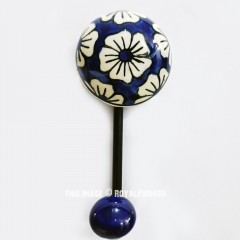Bohemian Blue & White Flower Painted Porcelain Ceramic Wall Hook