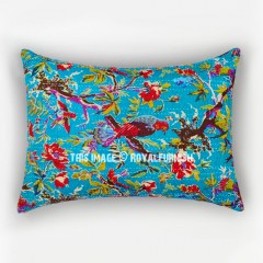 Turquoise Multi Bird Paradise Ikat Kantha Bed Pillow Cover Set of Two - 20X26 Inch Standard Size