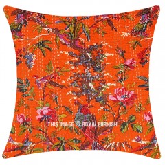 Large Orange Birds Floral Bohemian Decorative Square Kantha Throw Pillow Cover - 24X24 Inch