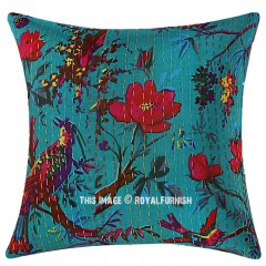 Large Teal Birds Floral Bohemian Decorative Square Kantha Throw Pillow Cover - 24X24 Inch