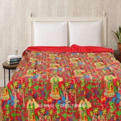 Red Multi Frida Kahlo Printed Bohemian Indian Kantha Quilt Blanket Bedspread - Twin Size