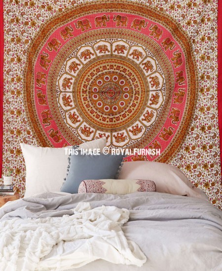 Red Indian Elephant Round Mandala Dorm Decor Tapestry Wall Hanging ...