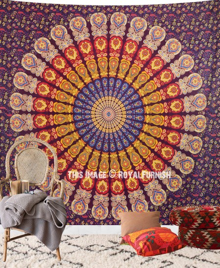 Purple Multicolor Cool Floral Mandala Hippie Tapestry Wall Hanging ...