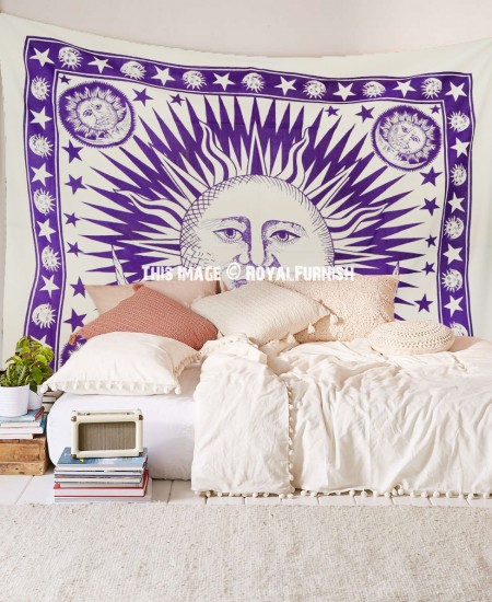 Purple Good Morning Sun Moon Fringed Tapestry Wall Hanging ...