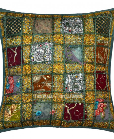 Dark Green Sequin Needlepoint Patchwork Embroidered Cotton Pillow Cover 16X16 - RoyalFurnish.com