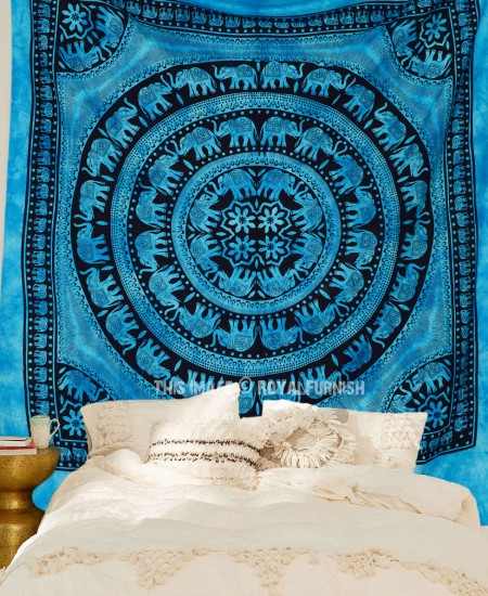 Blue Tie Dye Elephant Mandala Tapestry Throw Hippie Bedding Indian ...