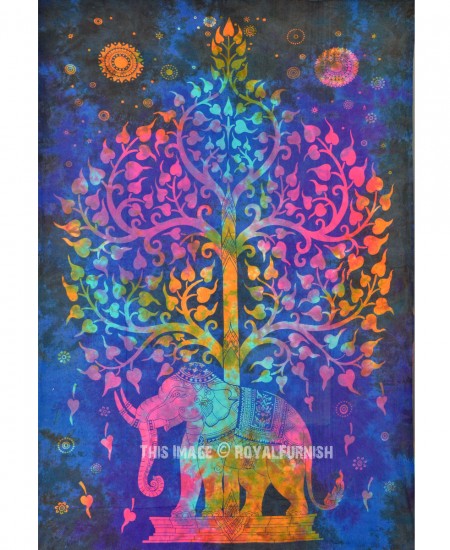 Small Blue Colorful Tie Dye Hippie Elephant and Tree Tapestry Wall ...