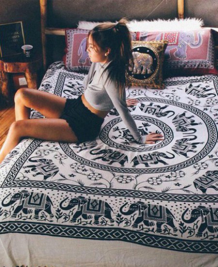 Large Black and White Elephant Mandala Tapestry Bedding Bedspread