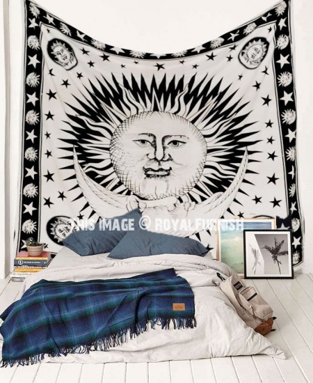 Black and White Sun and Moon Stars Tapestry Wall Hanging - RoyalFurnish.com