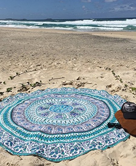 White Multi Birds Elephant Mandala Round Beach Towel Roundie Yoga Mat 