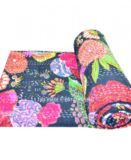 Twin Size Black Multi Flowers Printed Kantha Quilt Bedspread ...