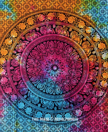 Floral and Elephant Star Circle Tie Dye Tapestry, Mandala Wall Hanging ...