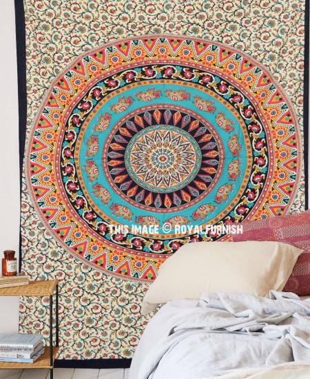 Small Elephants and Floral Ring Medallion Mandala Tapestry Wall Hanging ...