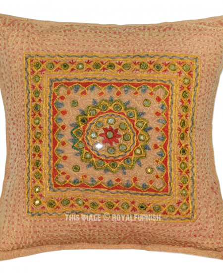 Brown Outdoor Indoor Mirror Medallion Circle Square Throw Pillow Cover 16X16 - RoyalFurnish.com